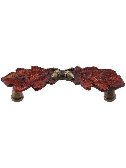Oak Leaf Cabinet Pull in Hand Tinted Antique Brass.